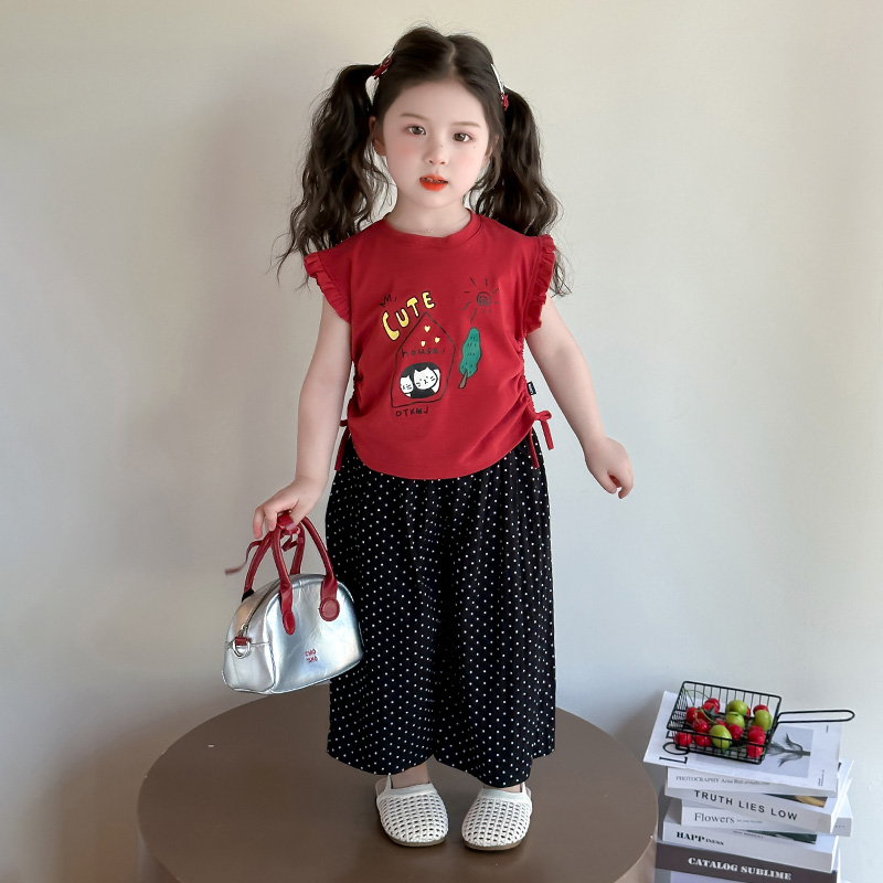 女童夏装套装2025年款衣服儿童小女孩洋气卡通飞袖圆点阔腿裤套装