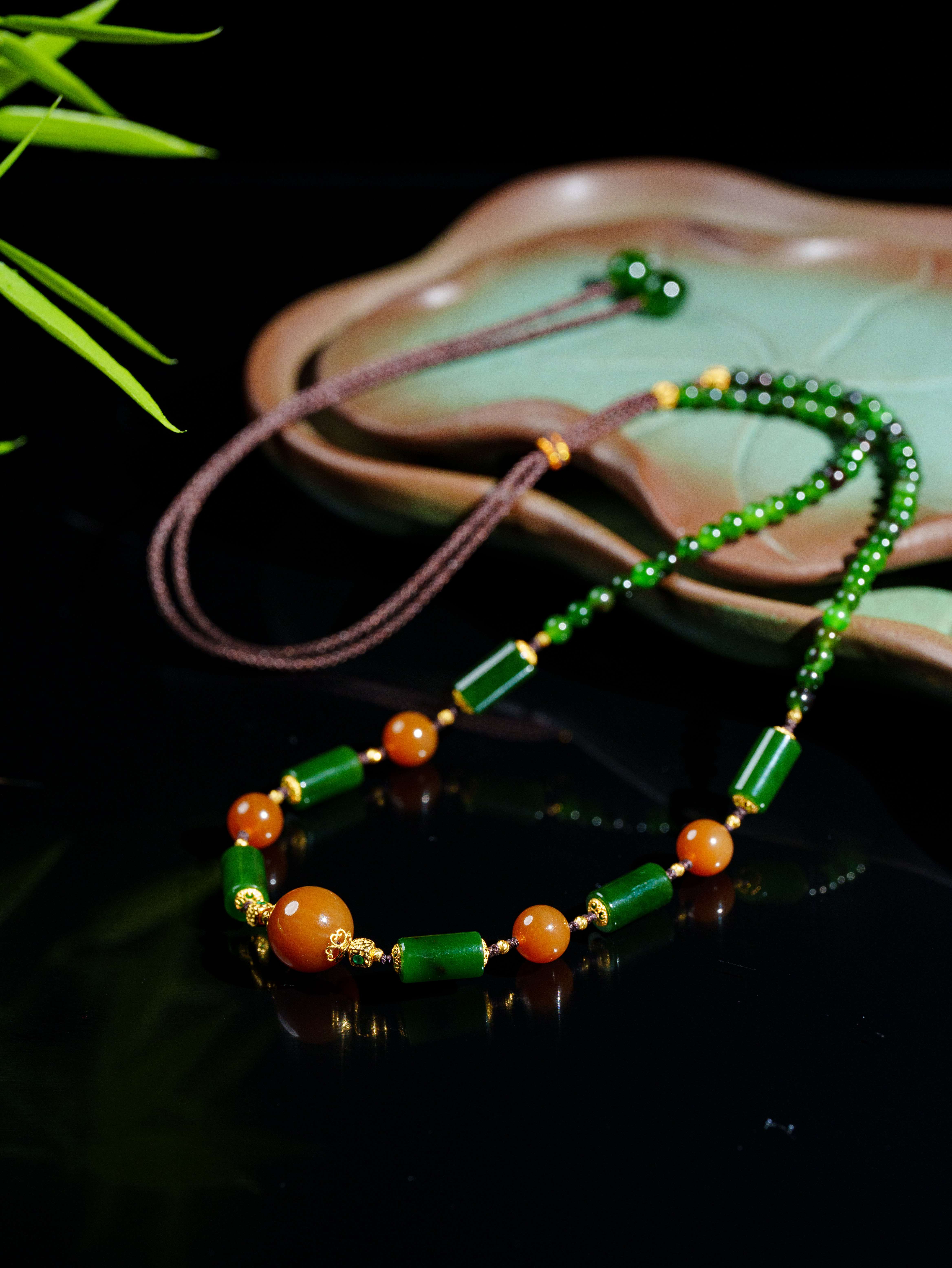 【丹沁​】18K金和田玉红糖单珠聚红皮万能调节链3.5m+  D4277