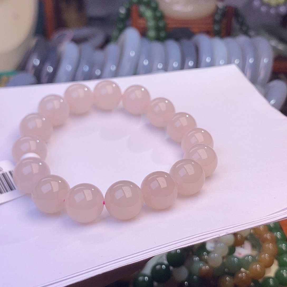 和田玉浓藕粉红粉脂膏手串12mm未镶嵌