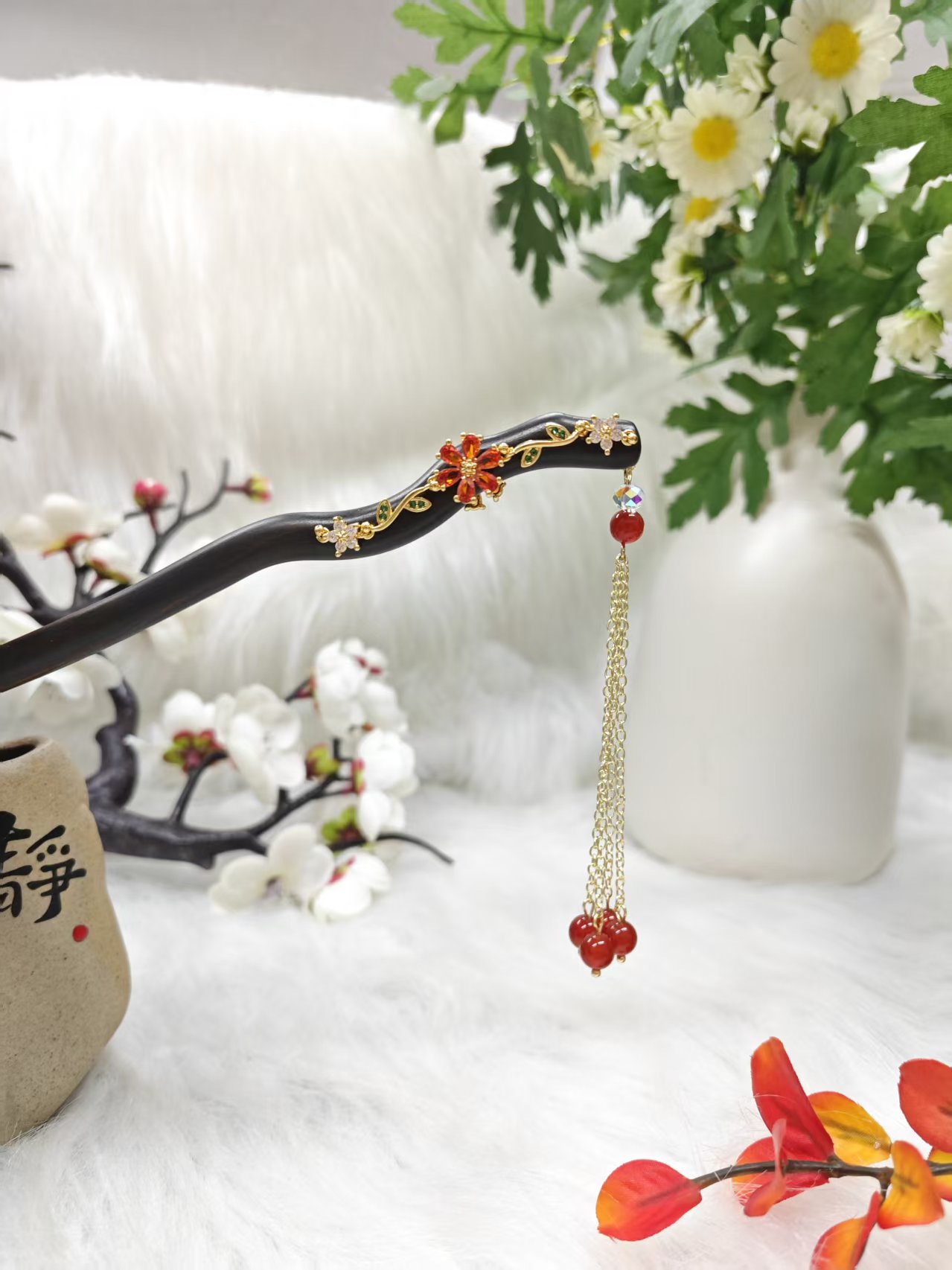 炑歌K347原创一路繁花红色18公分发簪气质手工发饰百搭时尚发簪