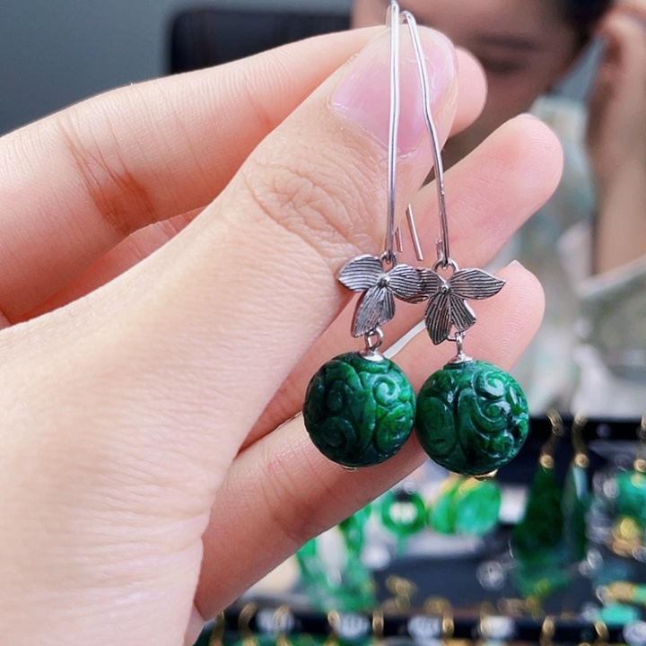 翡翠耳饰银S925镶嵌饰品