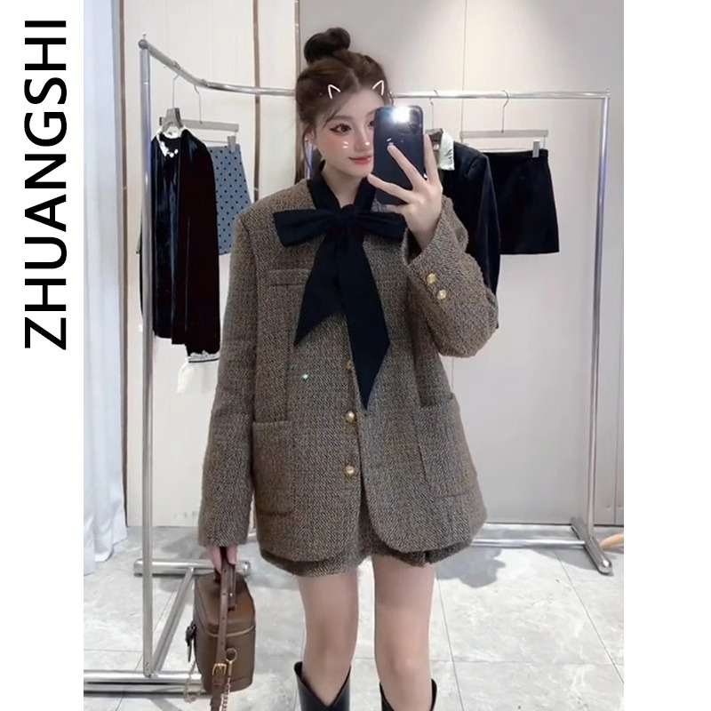 0175小香风时尚套装女春季款法式蝴蝶结西装外套高腰半身裙两件套