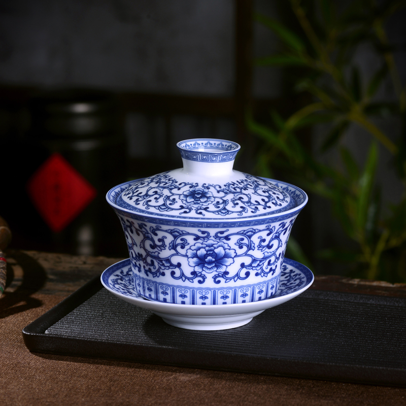 景德镇青花瓷茶盖碗三才杯泡茶敬茶碗高温陶瓷大号茶碗功夫茶盖杯