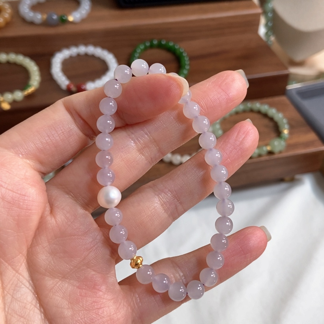 和田玉手链银S925镶嵌6mm片冰紫