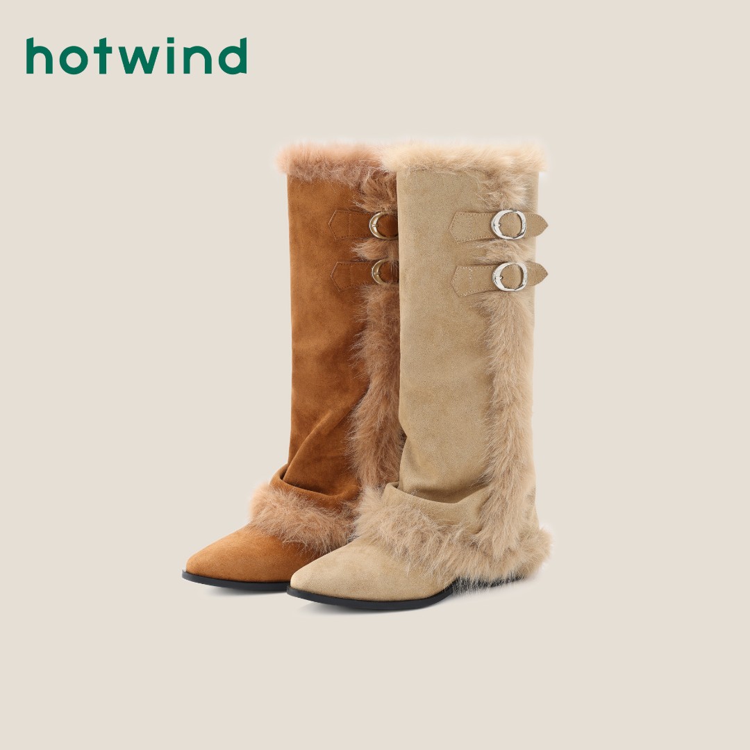 Hotwind热风时尚尖头百搭时装女靴2025冬季新款加厚保暖雪地靴