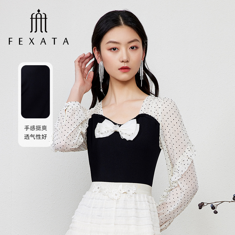 【媛媛女王严选】FEXATA斐格思气质撞色波点袖荷叶边针织衫