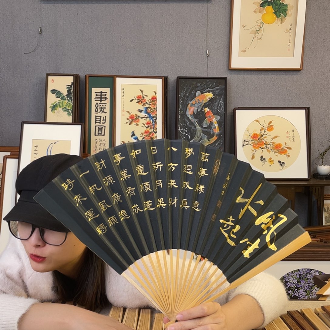 国画95寸玉竹-纯手绘-文玩扇骨（默认粘好）