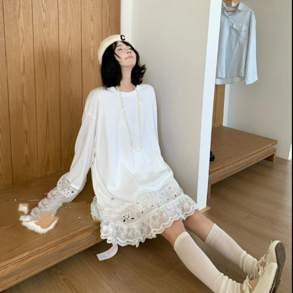 大码MM四季纯棉蕾丝拼接长袖T恤秋冬新款百搭打底衫上衣白色显瘦