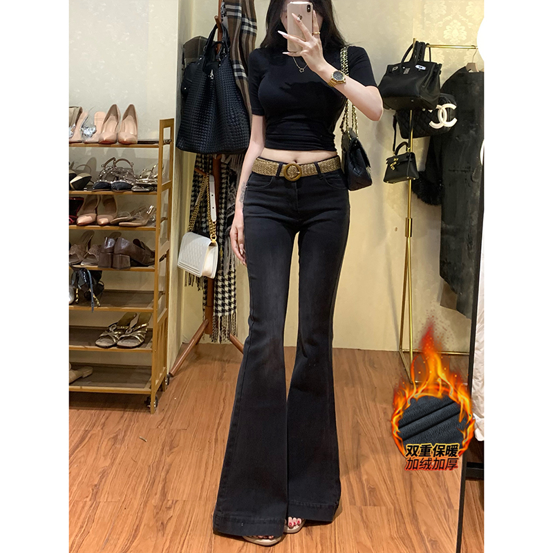 纯欲黑灰弹力加绒微喇牛仔裤女2025年冬季高腰显瘦腿精鱼尾喇叭裤