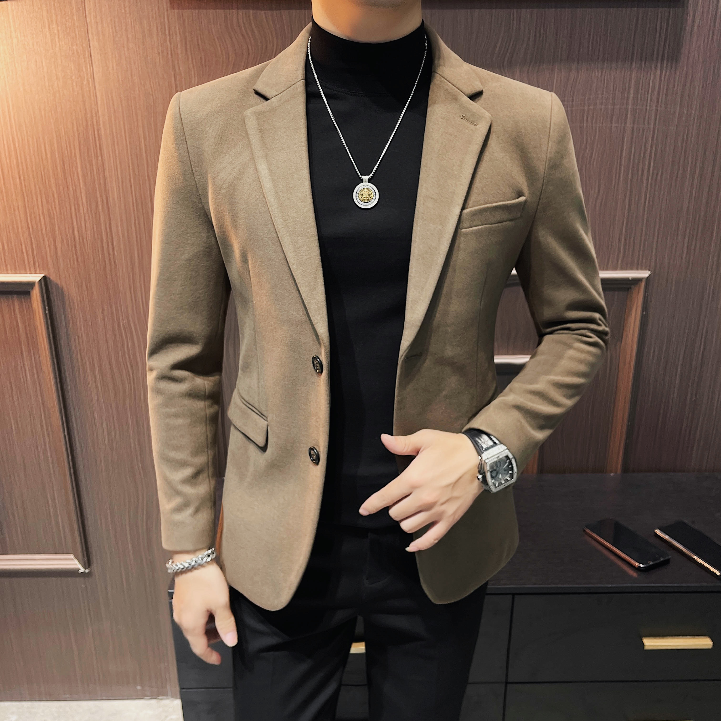 毛呢外套男款秋冬呢子加厚保暖修身小西装男士痞帅休闲西服单件