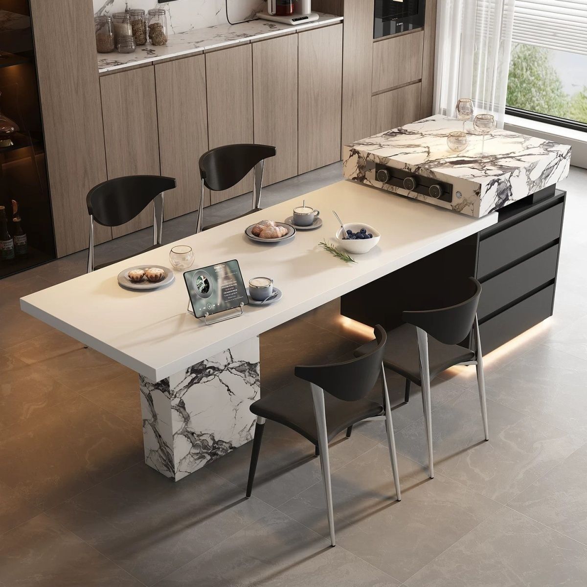 意式岩板2025岛台餐桌一体伸缩家用多功能大户型中岛新款厨岛台