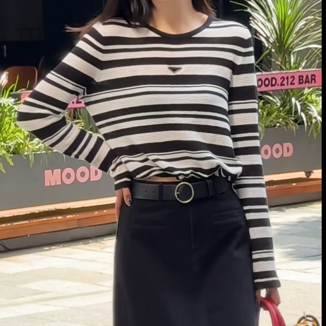 MASIENDI/玛丝恩迪长袖显瘦透气短款辣妹风条纹T恤圆领宽松74004