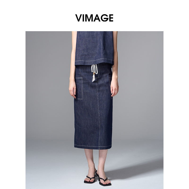 VIMAGE纬漫纪复古高腰可拆腰绳侧面大口袋设计牛仔半裙V2406102