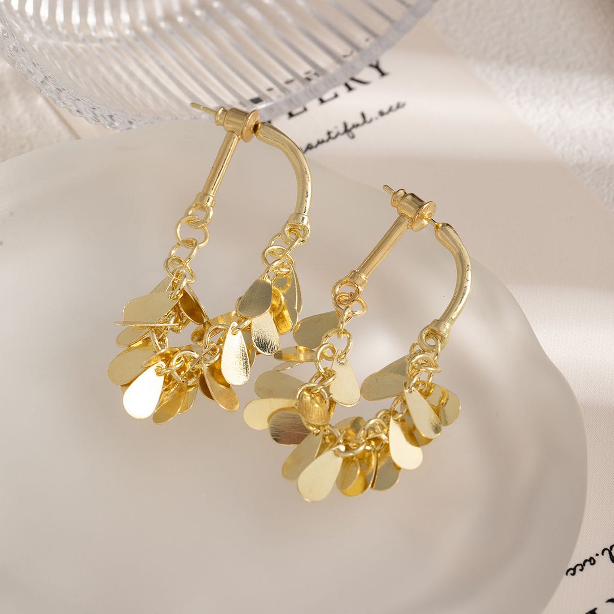 黄铜耳饰 U形团簇亮片长款流苏耳环欧美风小众