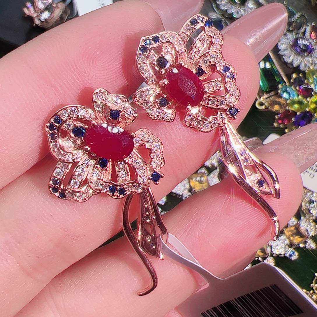 红宝石耳钉银S925镶嵌