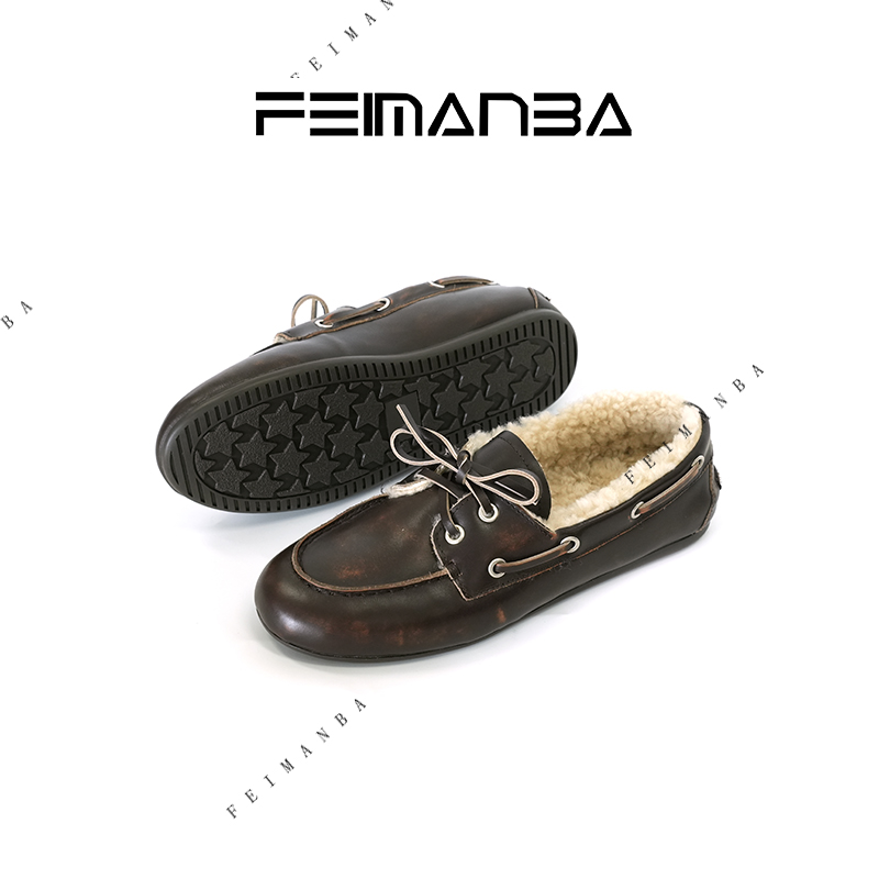 FEIMANBA  系带蝴蝶结一脚蹬羊毛乐福鞋女 圆头平底单鞋