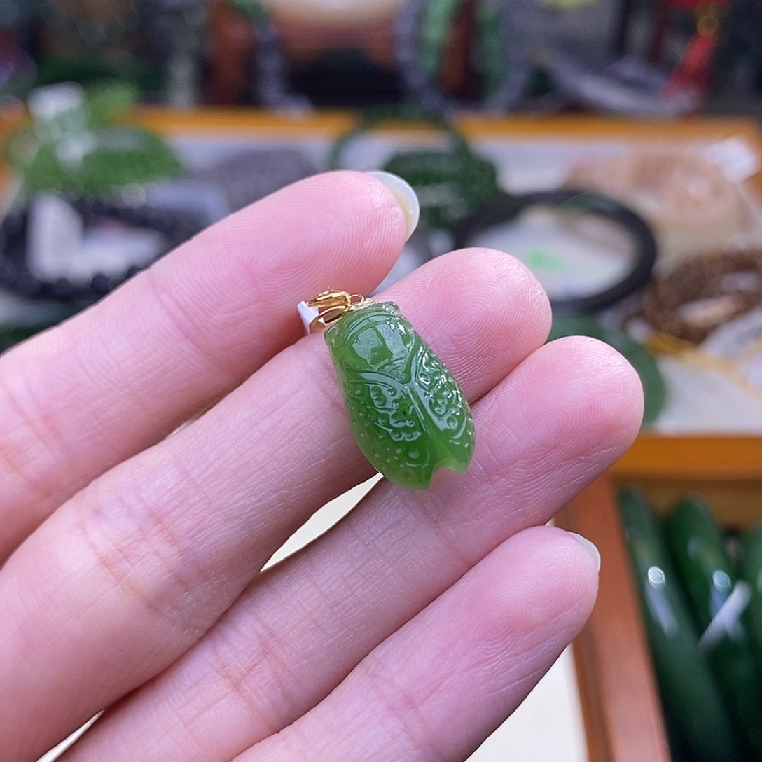 和田玉碧玉金镶金蝉吊坠未镶嵌肥*仔