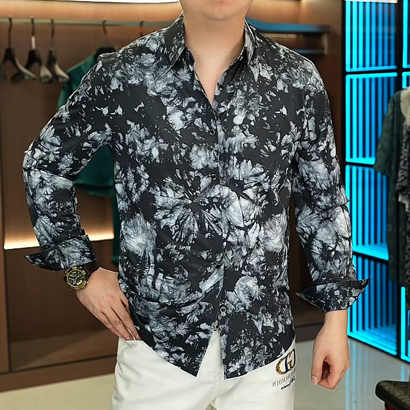 2025男士春秋新款冰丝长袖休闲百搭薄款衬衫印花男士免烫商务潮流