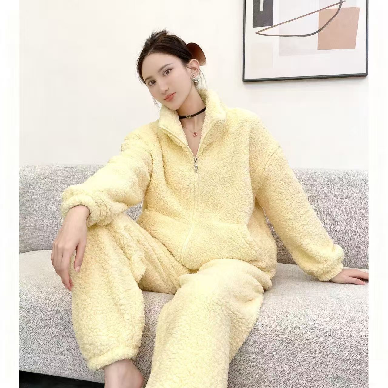 2025新款高领拉链款可爱甜美北极绒加绒加厚套装家居服