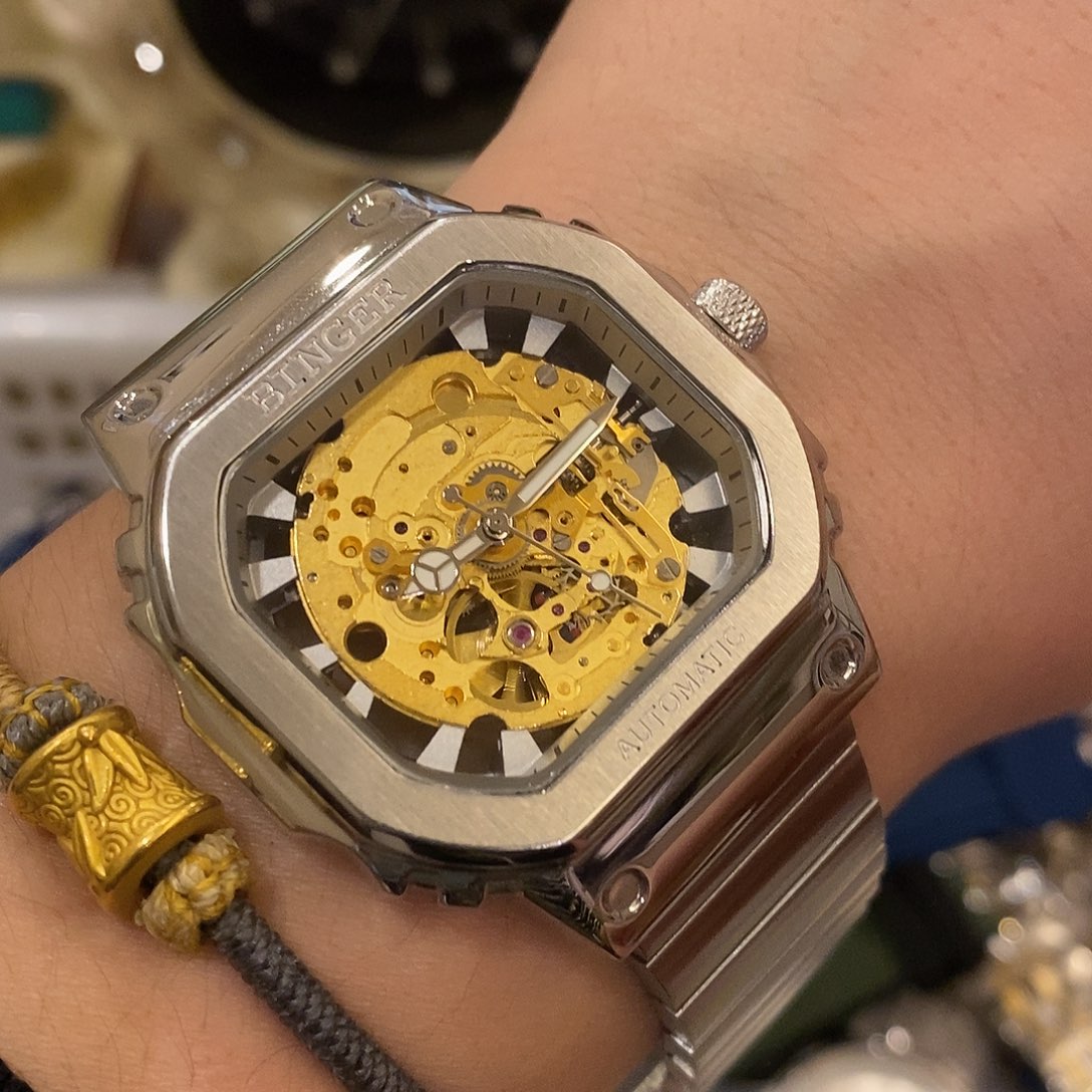 精钢瑞士宾格方盘镂空全自动机械表