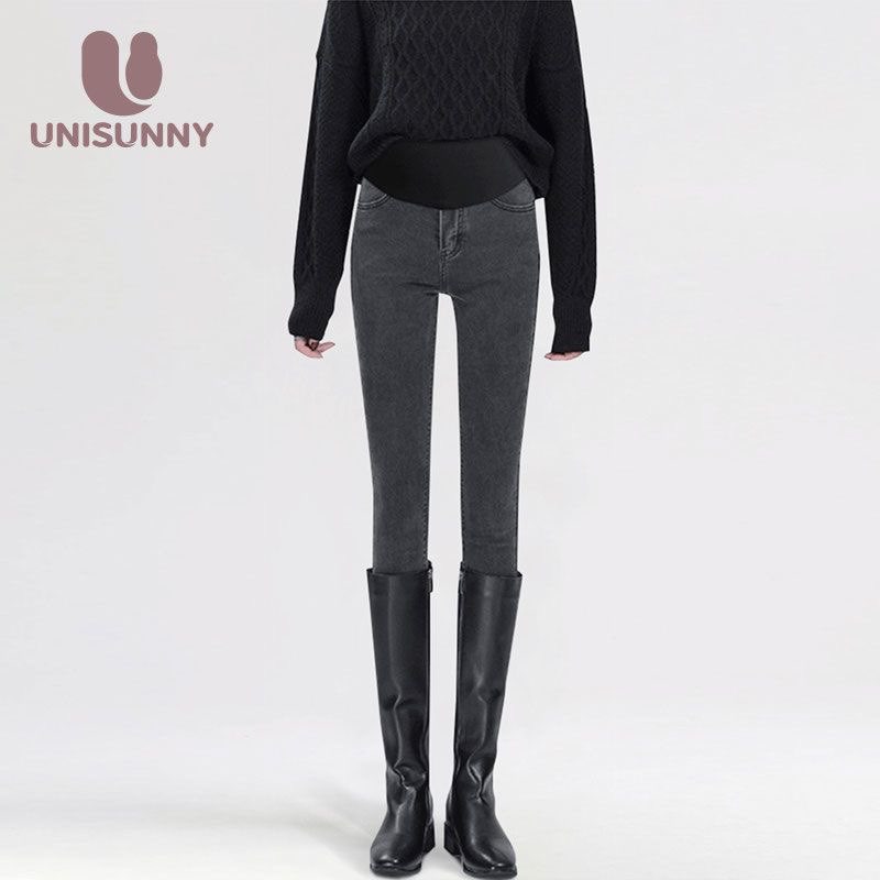 孕妇裤子秋冬外穿不勒肚子打底裤紧身牛仔裤加绒加厚黑色裤子