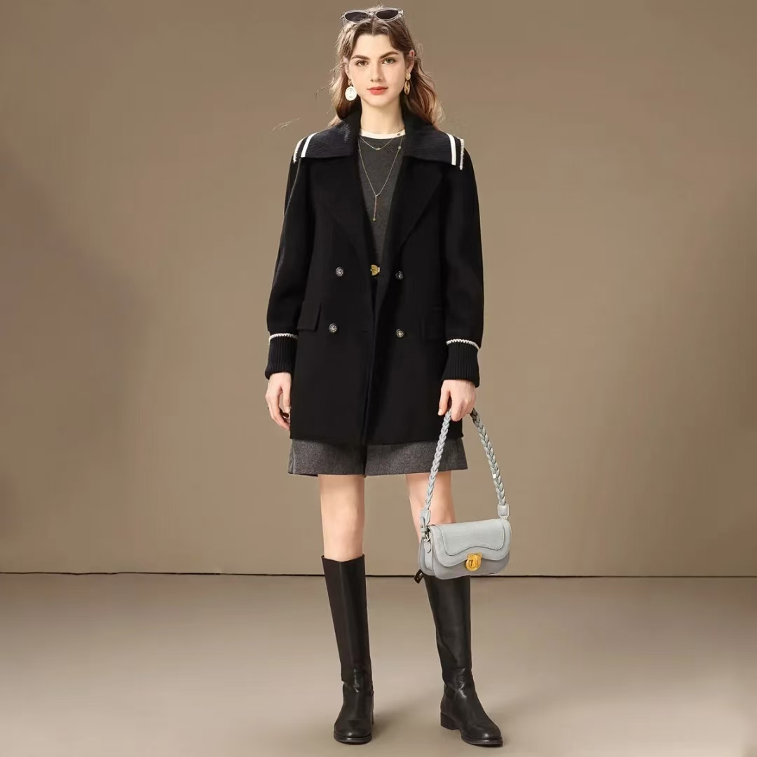【小铃铛】D013新款2025秋季简约纯色拼接针织双面呢大衣女网红外套