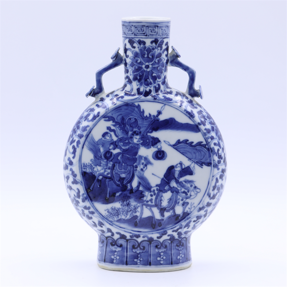 古董/古玩/瓷器/青花刀马人物纹如意耳瓶LOT4271/老物件