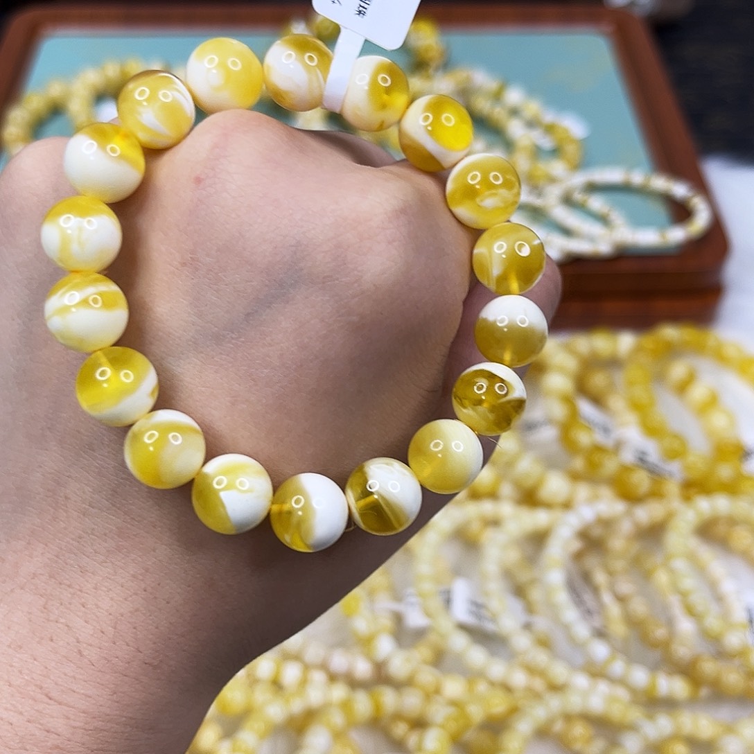 蜜蜡未镶嵌手链11mm金漆白溶洞手串