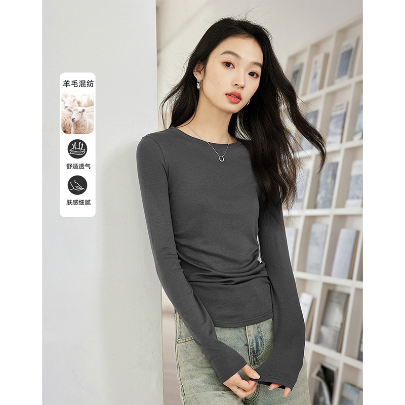 梵希蔓百搭长袖T恤女修身显瘦圆领打底衫上衣M8335