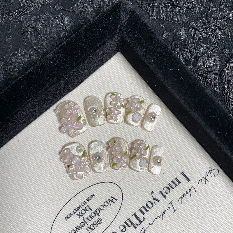 【栀子清茶】小花猫眼立体纯手工马卡龙穿美甲戴甲短款美 甲穿戴式