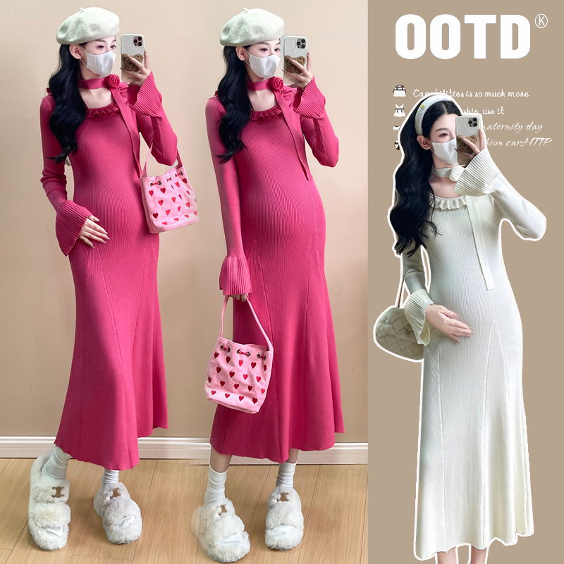 孕妇裙2025秋季新款法式慵懒纯欲时尚高腰气质显瘦孕妇针织连衣裙