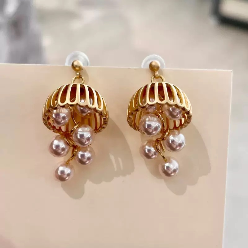 铜合金耳饰 新款法式复古珠串珠铃铛耳环高级小众轻奢气质葡萄串