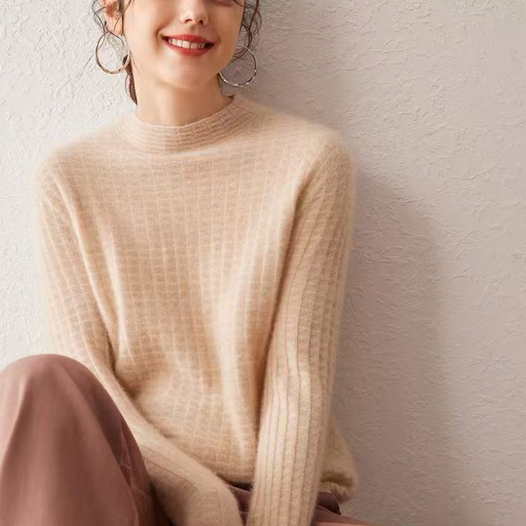 女士半高方格羊绒衫