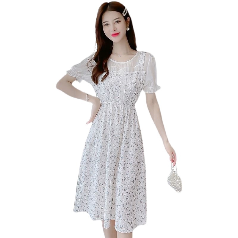 法式拼接连衣裙2023新款夏季小清新甜美雪纺泡泡袖中长裙A字伞裙