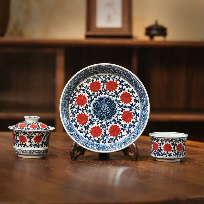 釉里红双钩线马蹄茶具家用手工陶瓷中式茶道高档缠枝