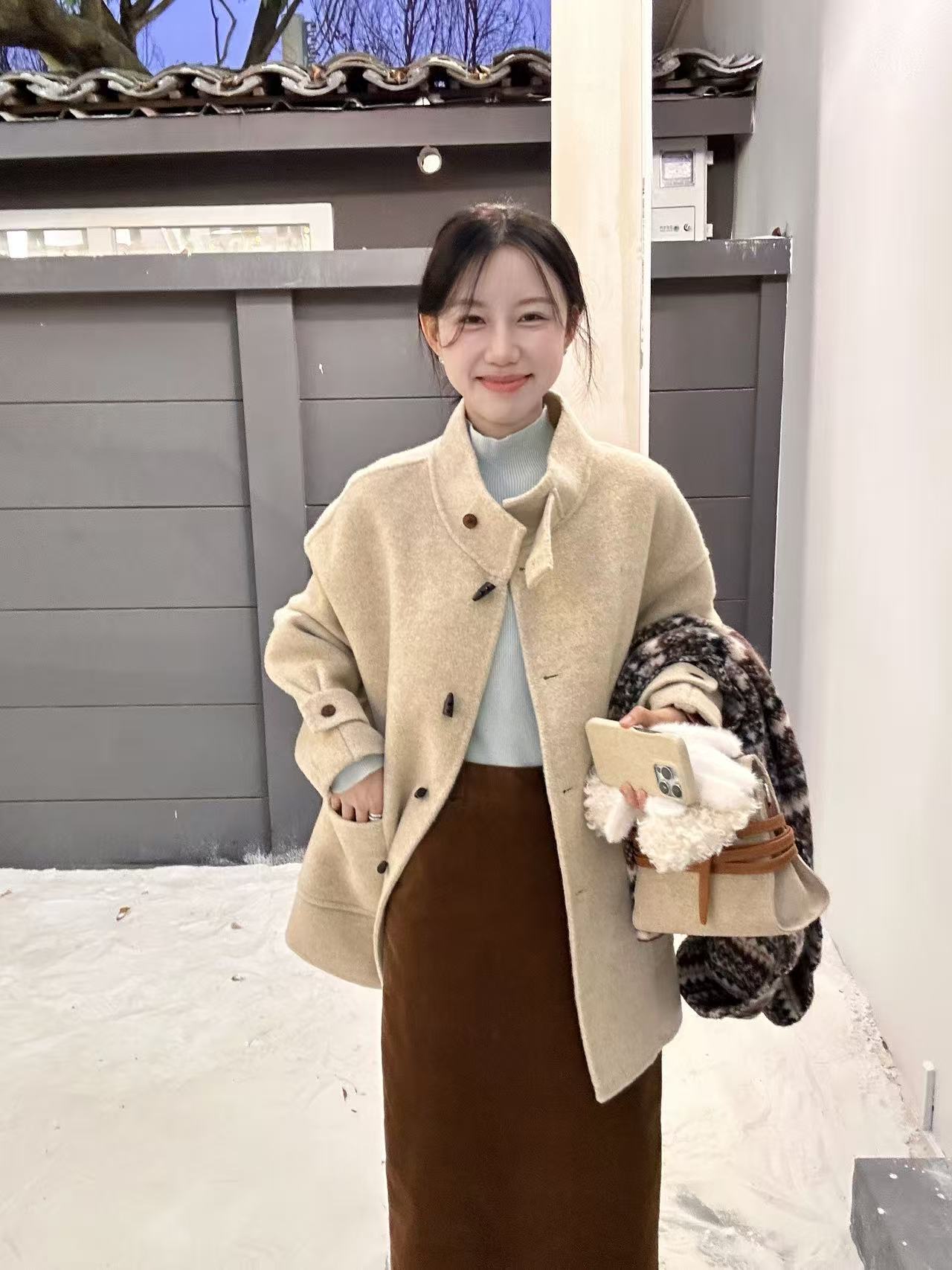 Peach ’英伦游记‘ 立领牛角扣双面羊毛毛呢大衣 00057