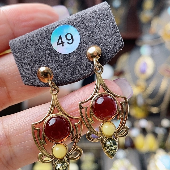 琥珀耳饰银S925镶嵌耳环