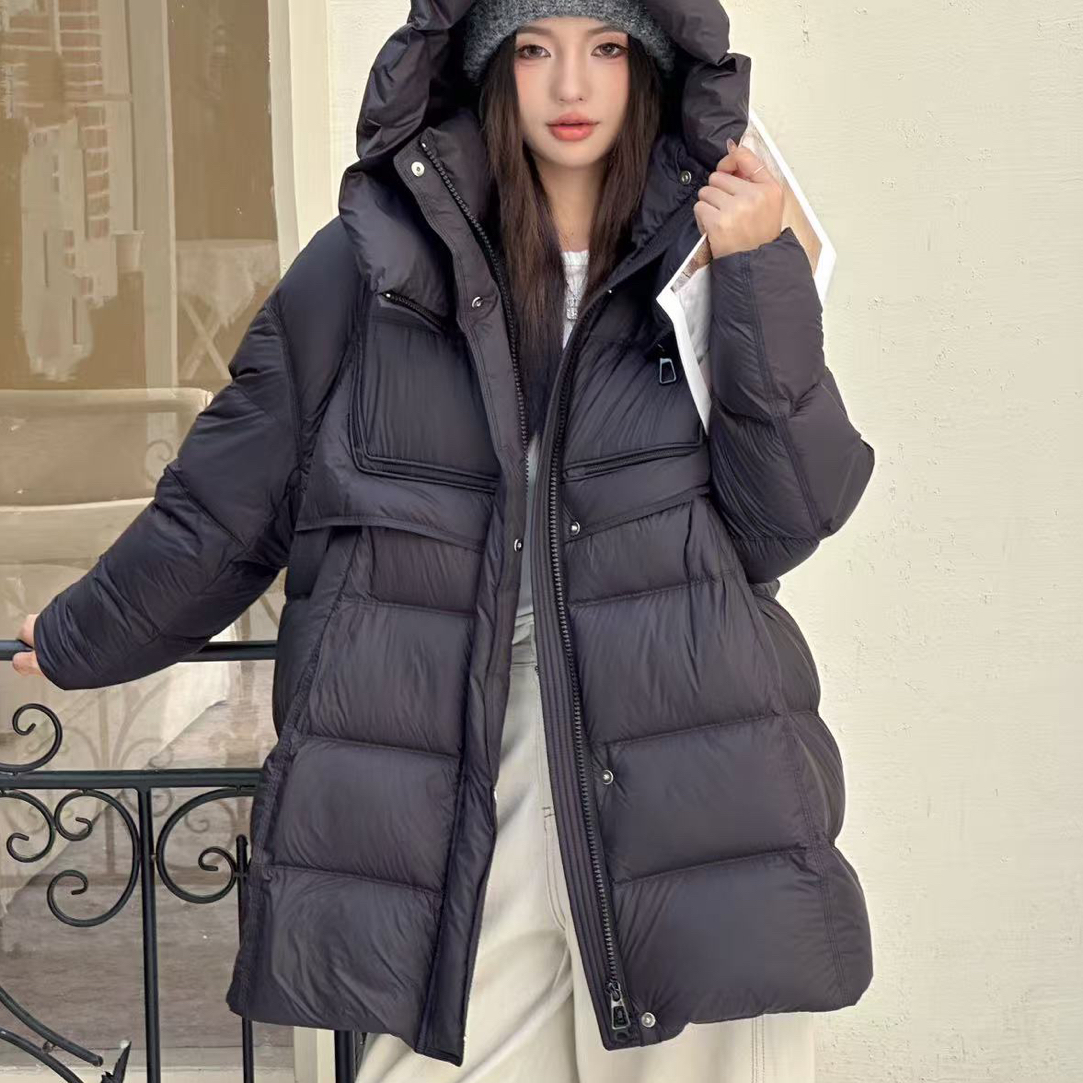 （衣长75）8971泡芙羽绒服女中长款冬季新款加厚保暖连帽外套