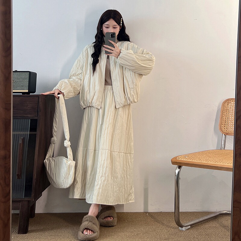 【现货】长袖宽松薄款棉服套装短款棉衣落肩袖时尚三件套套装-78