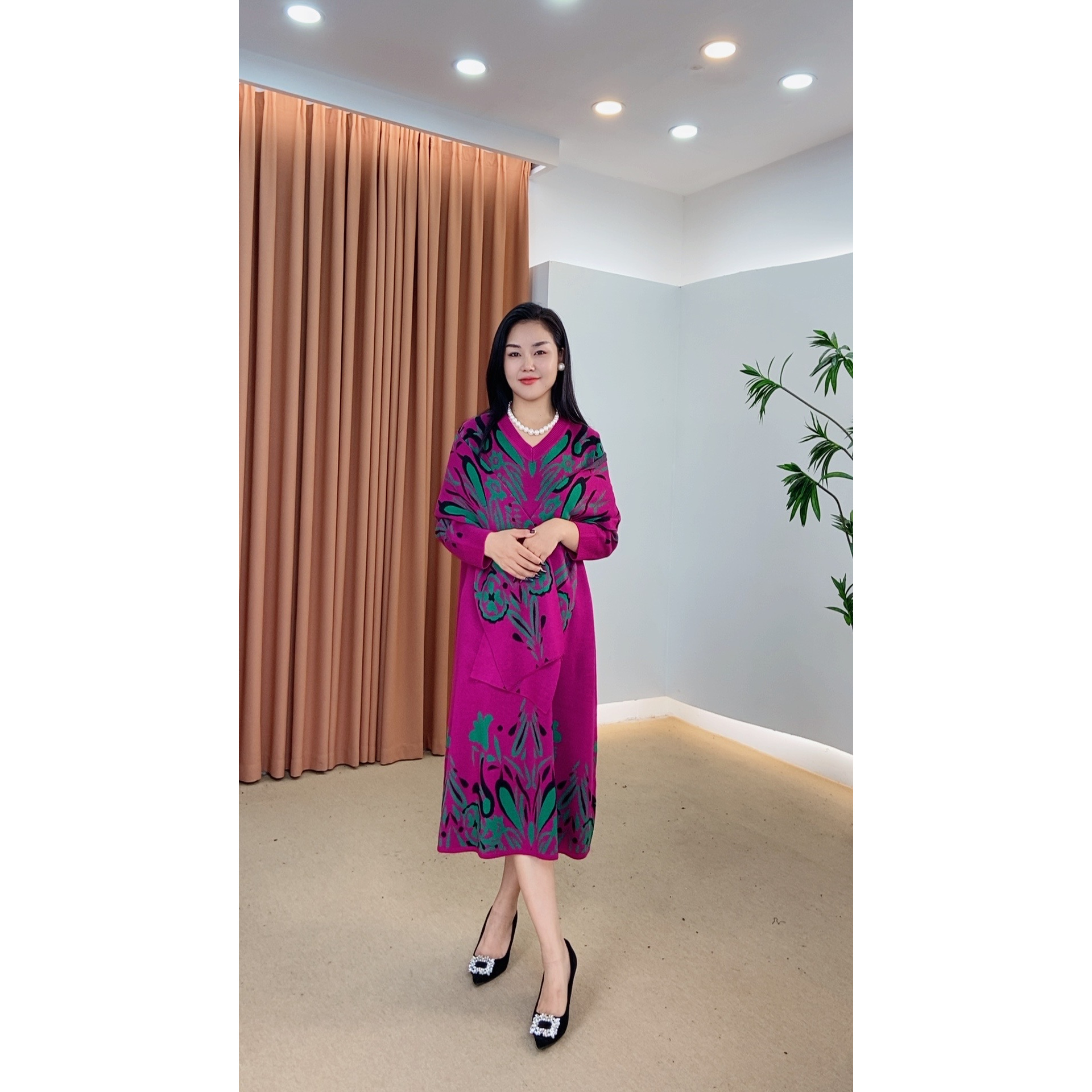 768中老年女装长袖长款宽松秋冬复古中式民族风中国风提花连衣裙