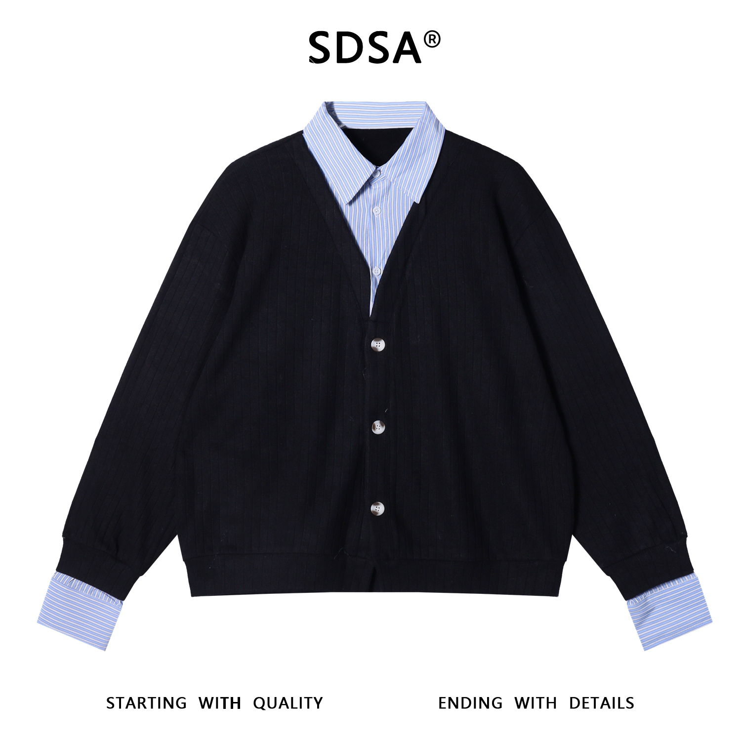 SDSA男士秋冬新款痞帅男装简约拼接假两件纽扣开衫衬衫外套百搭