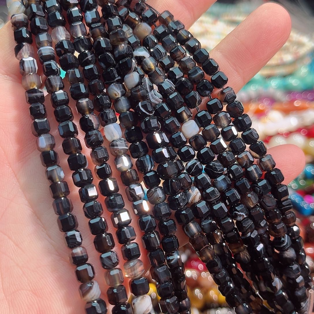 玛瑙/玉髓合金珠宝半成品黑玛瑙方糖一条5mm