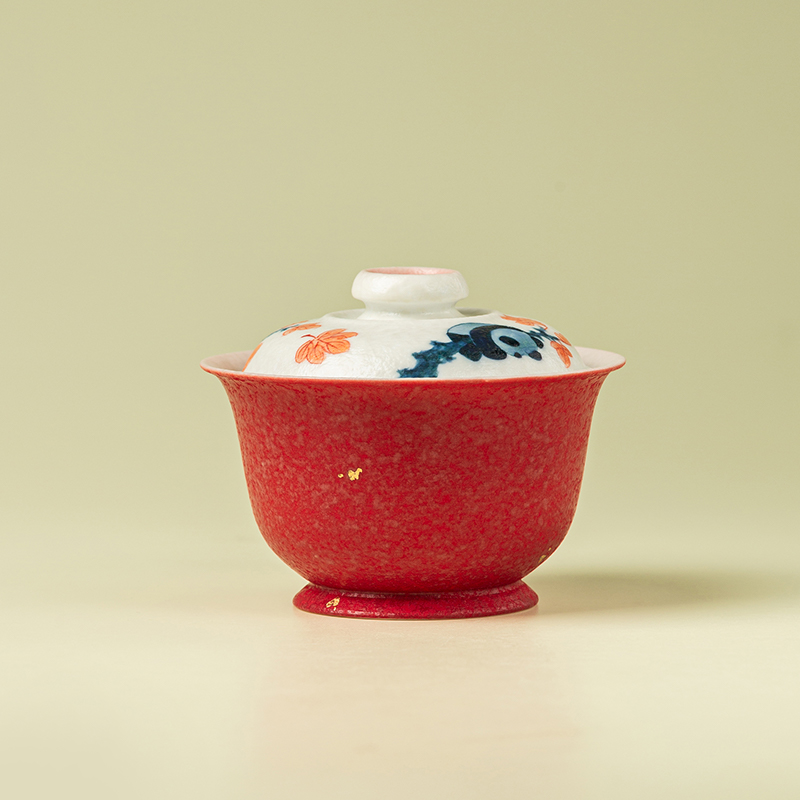 （阿萌茶事）岩矿朱砂红纯手绘枫叶熊猫-贵钟高足盖碗 105ml