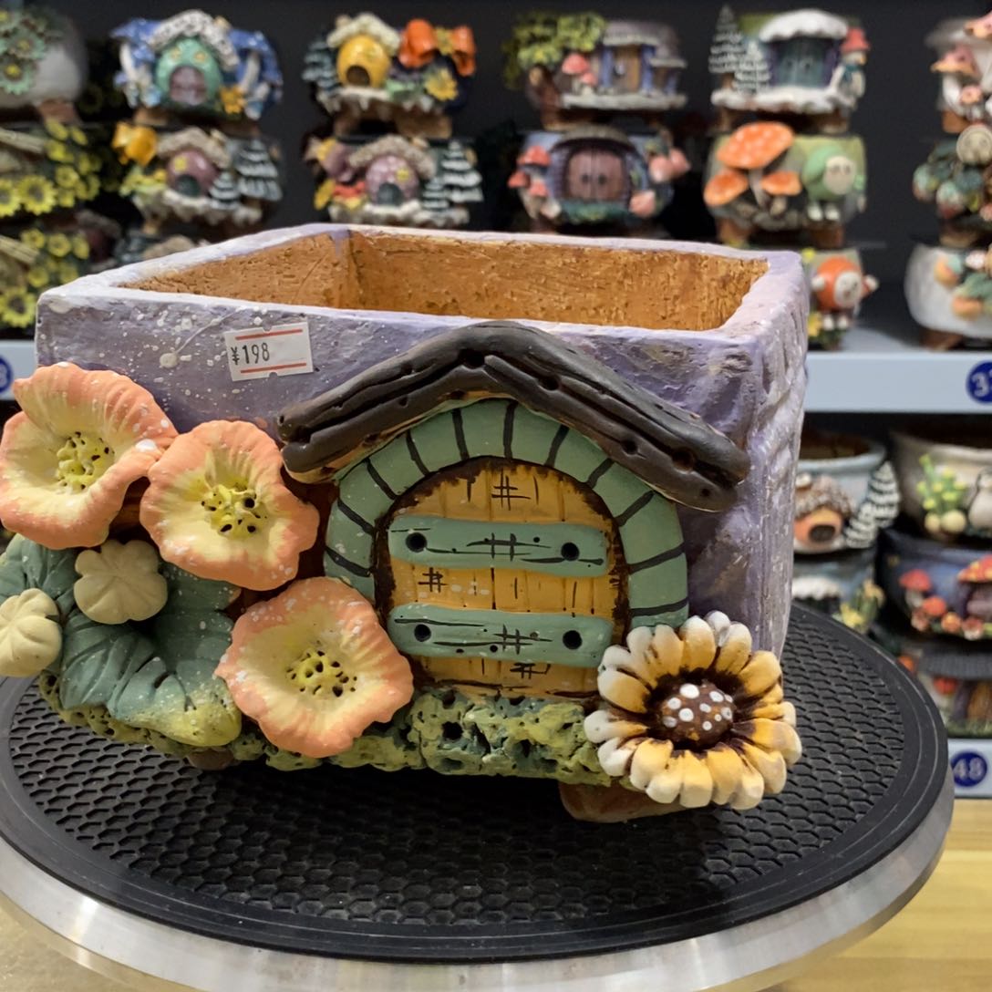 红陶白狐粗陶手捏花盆