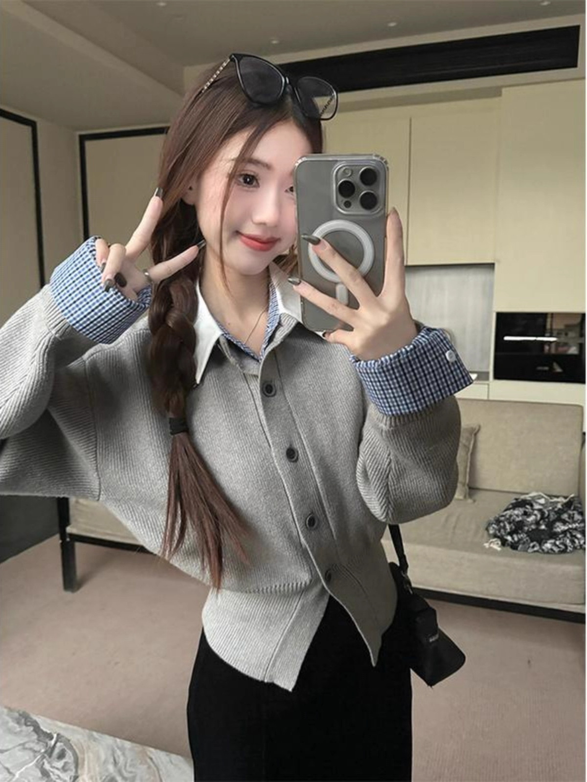 学院风假两件拼接格子针织开衫女秋季法式翻领撞色正肩上衣外套潮