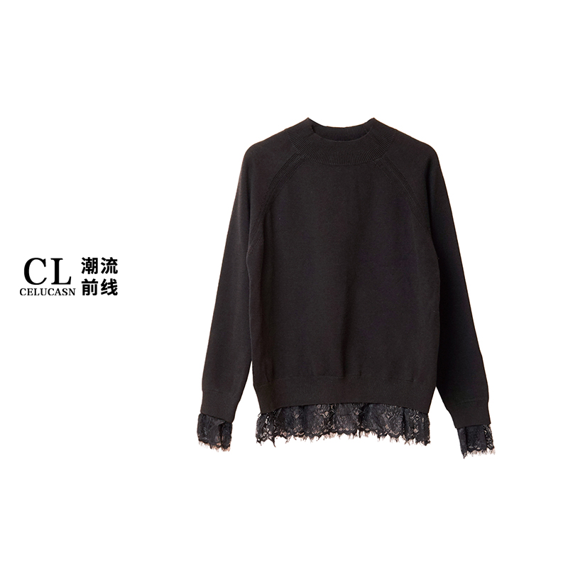 A7VI6D16#蕾丝拼接长袖T恤打底衫女秋冬季宽松内搭上衣