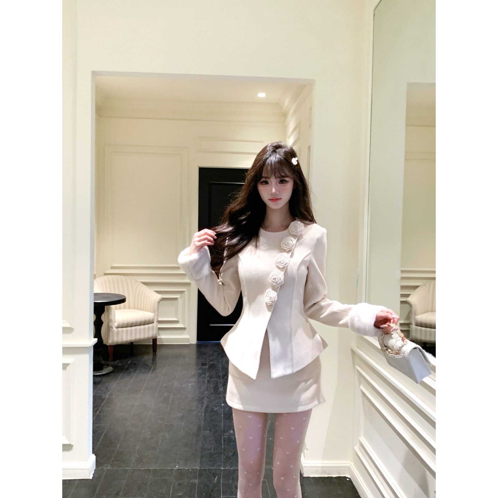 越韩小鱼 山茶物语 富家千金毛领毛呢外套短裙名媛风两件套装女冬