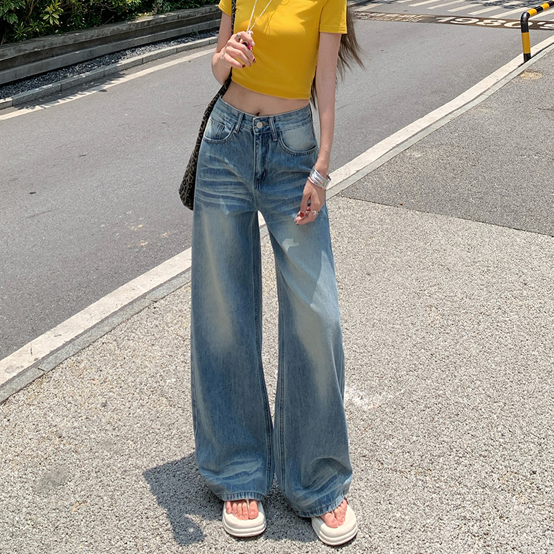 美式复古水洗折痕设计感百搭阔腿牛仔裤女高腰宽松垂感拖地直筒裤