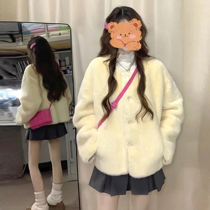 7088黄色奶fufu韩系毛毛外套女秋冬季2024新款高级感短款加厚开衫