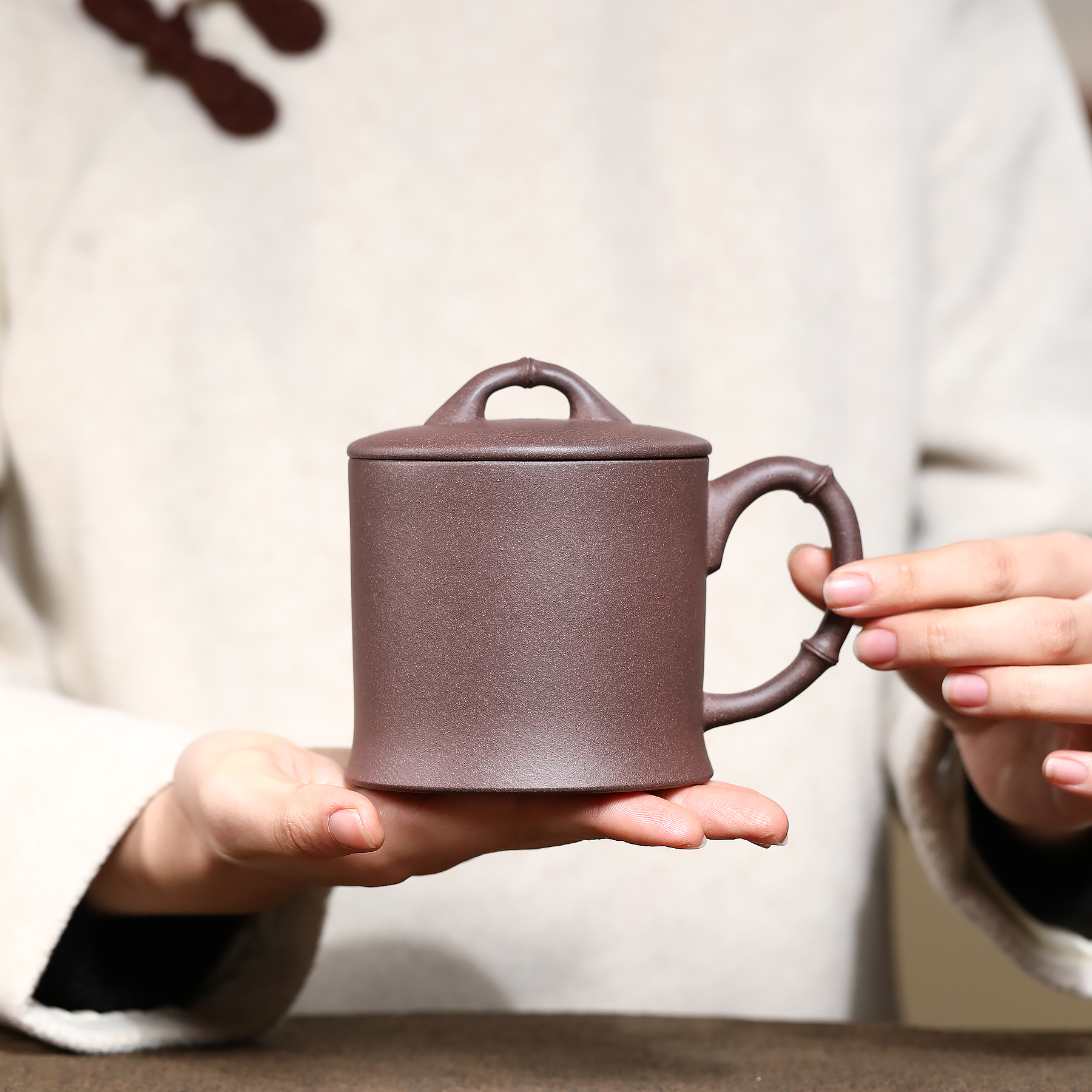 雪涓宜兴大水潭天青紫泥猪肝色350cc竹节高档紫砂男女办公茶杯